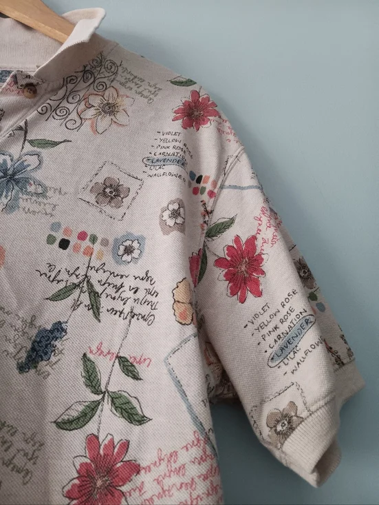 St John’s Bay Floral Script Print Polo Shirt M Cotton Button Short Sleeve - Picture 4 of 8